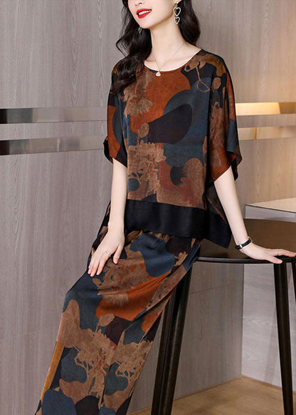 Colorblock O-neck Patchwork Silk Top and Crop Pants Two Pieces Set Batwing Sleeve