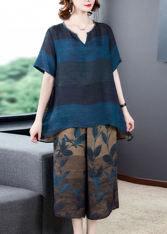 Blue Print Silk Top and Crop Pant Two-piece Set Low High Design Summer