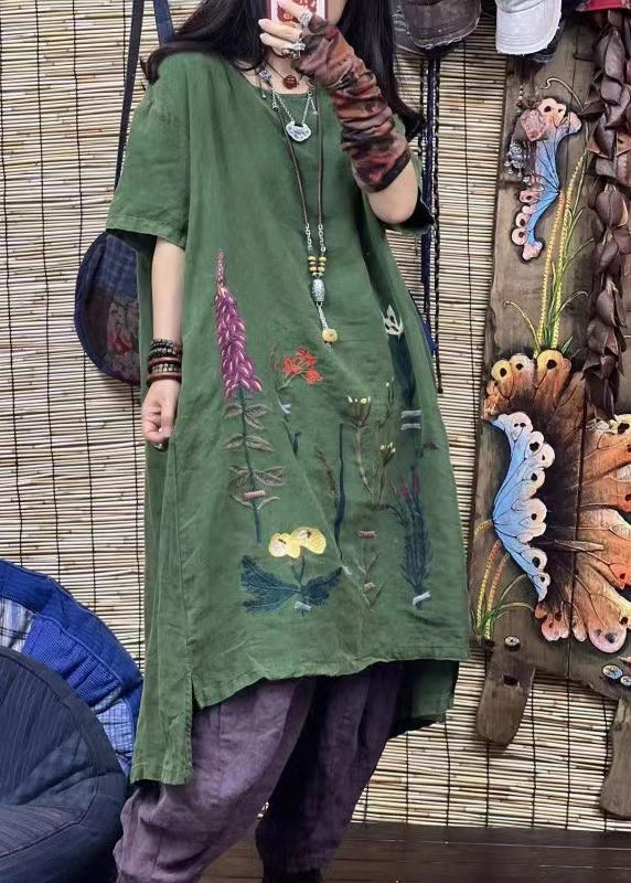 Purple O Neck Embroidered Linen Mid Dresses Summer