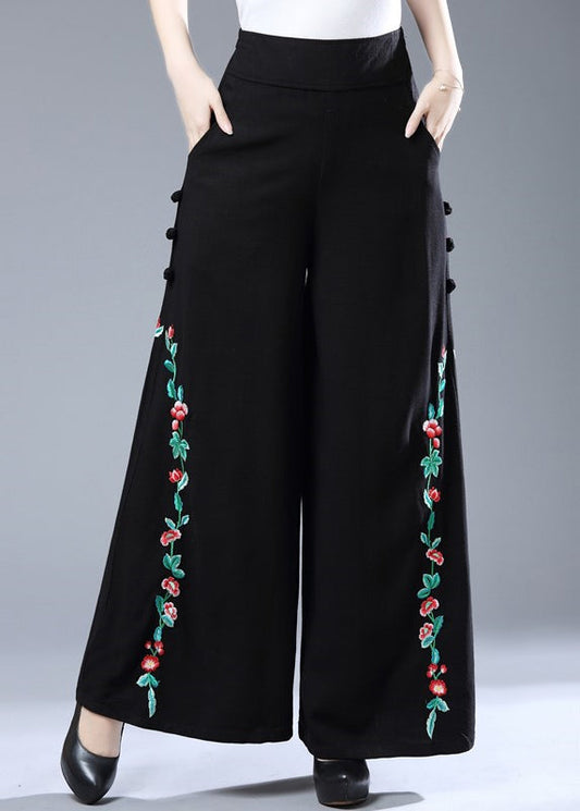 Modern Black Embroideried Elastic Waist Wide Leg Pants Fall