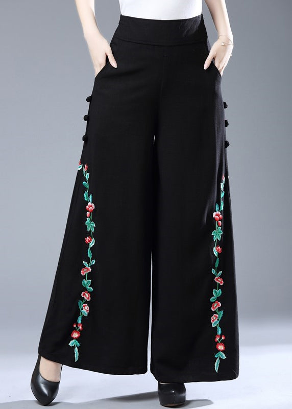 Modern Black Embroideried Elastic Waist Wide Leg Pants Fall