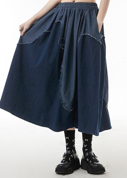 Classy Blue Elastic Waist Patchwork Denim Skirts Spring