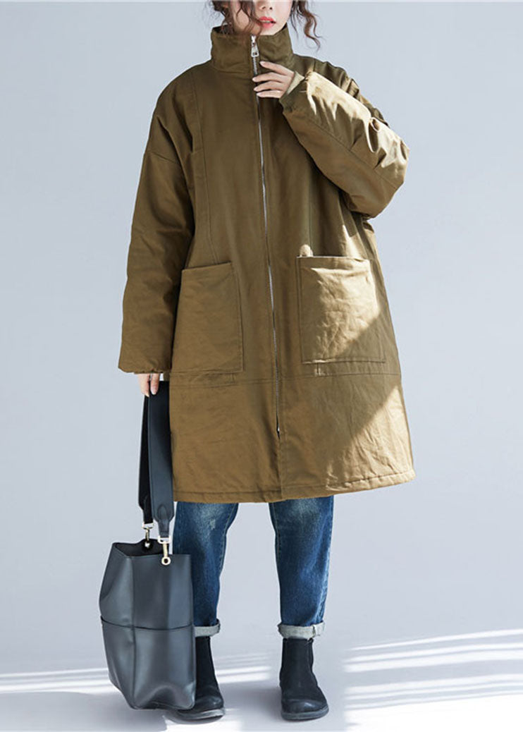 Army Green Stand Collar Pockets Parka Coats Long Sleeve