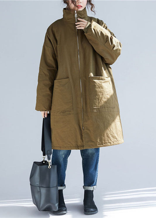 Army Green Stand Collar Pockets Parka Coats Long Sleeve