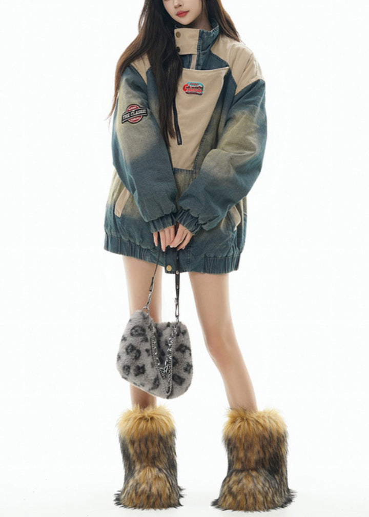 Denim Blue Stand Collar Patchwork Fine Cotton Filled Coats Winter
