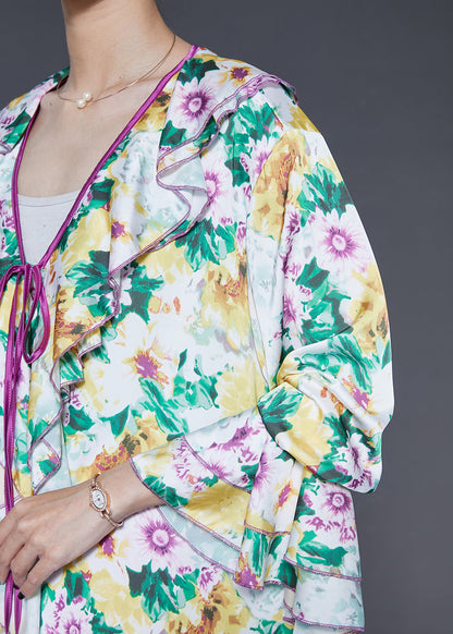 Ruffles Print Silk Two Piece Set Flare Sleeve