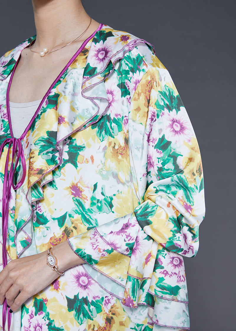 Ruffles Print Silk Two Piece Set Flare Sleeve