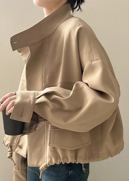 Khaki Stand Collar Patchwork Drawstring Coat Long Sleeve