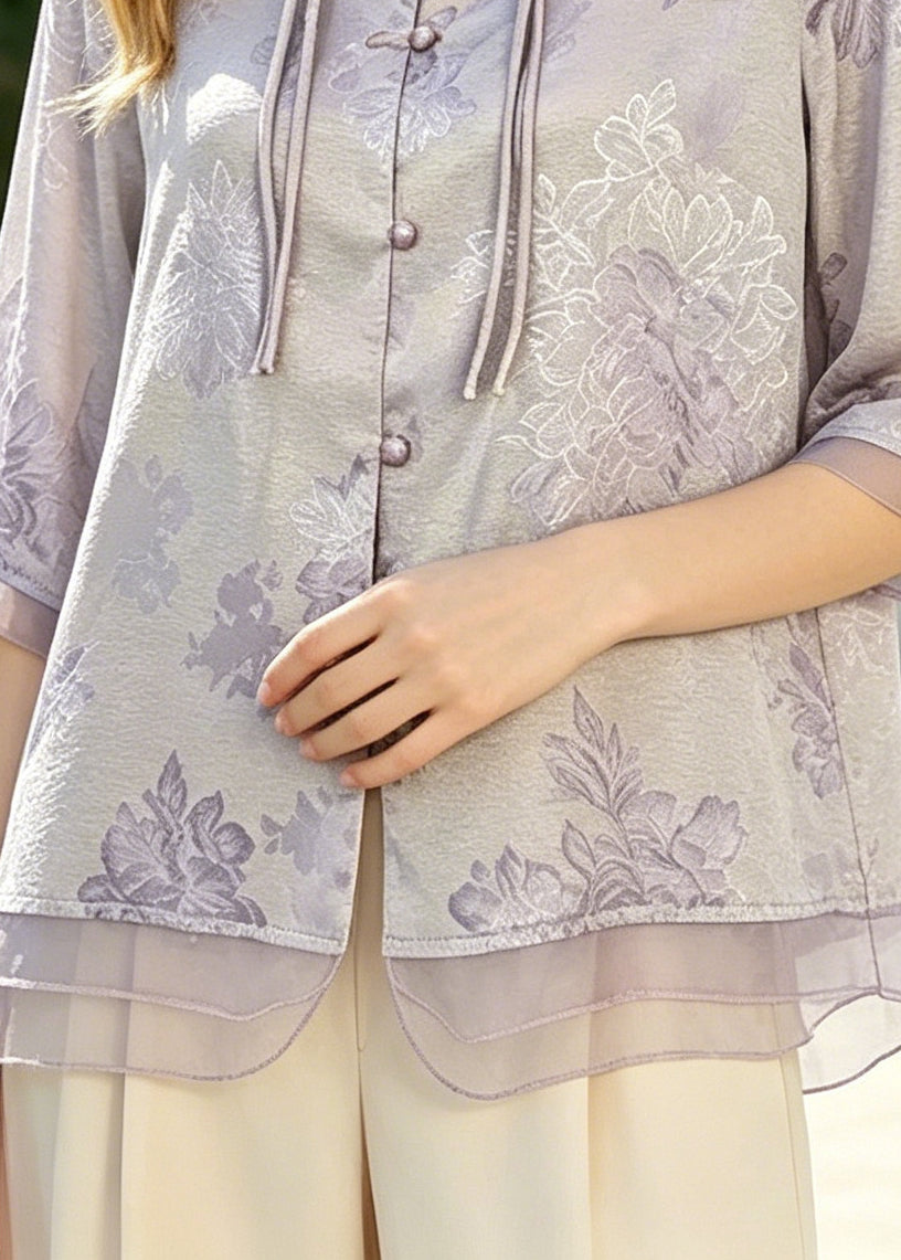 Purple Tasseled Jacquard Silk Blouse Top Summer