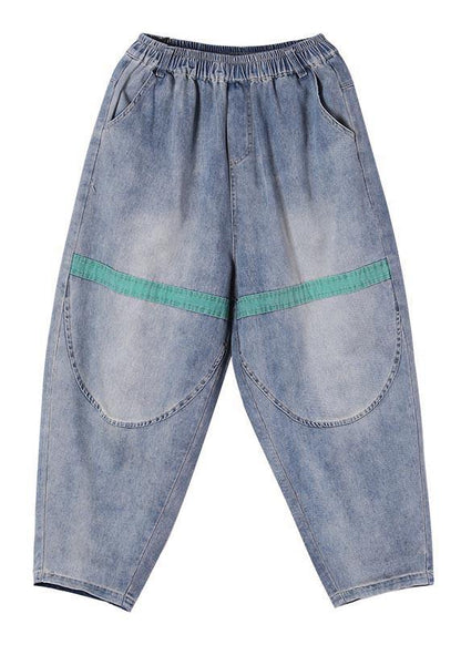 Blue Elastic Waist Harem Summer Cotton Pants