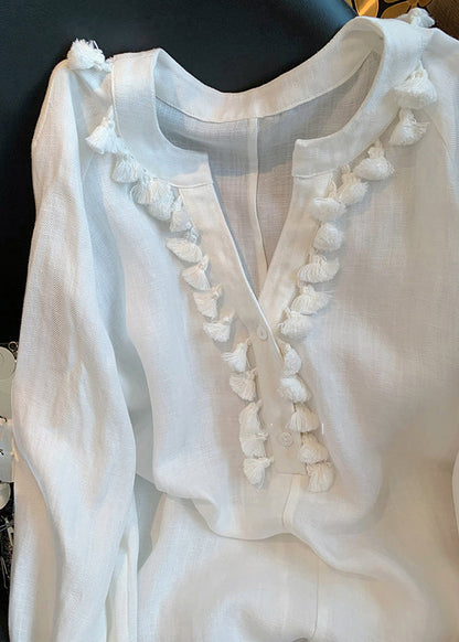 White V Neck Tasseled Linen Shirt Fall