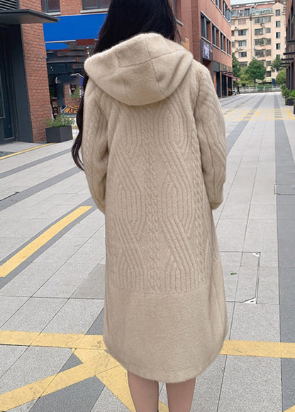 Modern Beige Patchwork Button Leather and Fur Maxi Hoodie Coat Winter