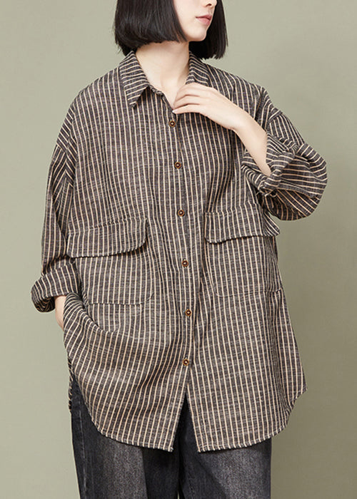 Grey Striped Button Cotton Blouse Tops Fall