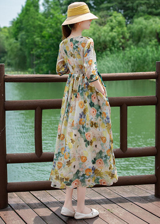 V Neck Drawstring Patchwork Linen Dress Summer