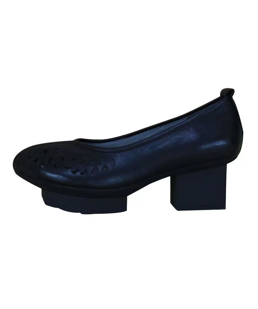 Chunky Heel Black Cowhide Leather Hollow Out