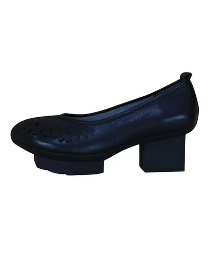 Chunky Heel Black Cowhide Leather Hollow Out