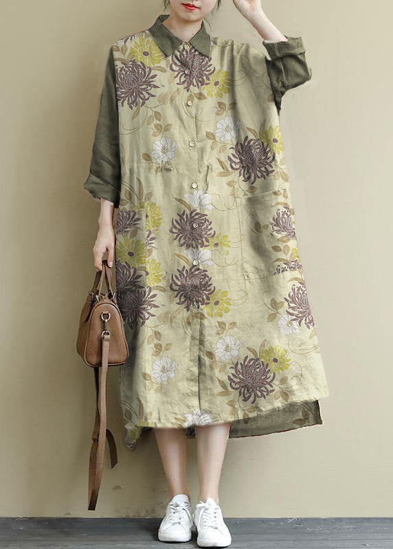 Green Flower Linen Shirt Dress Oversize Spring Maxi Dresses