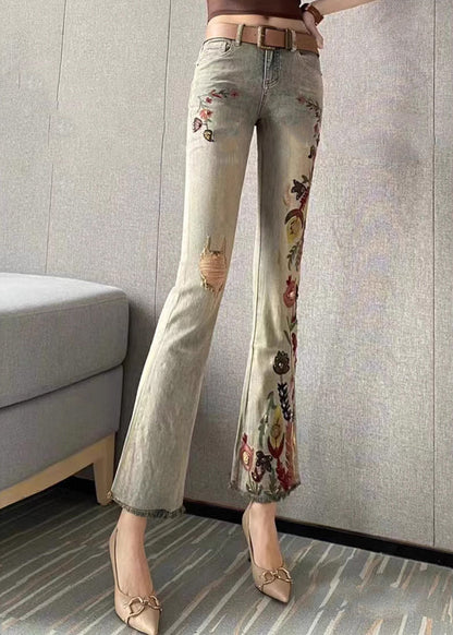 Embroidered Pockets Denim Flare Bottoms Spring