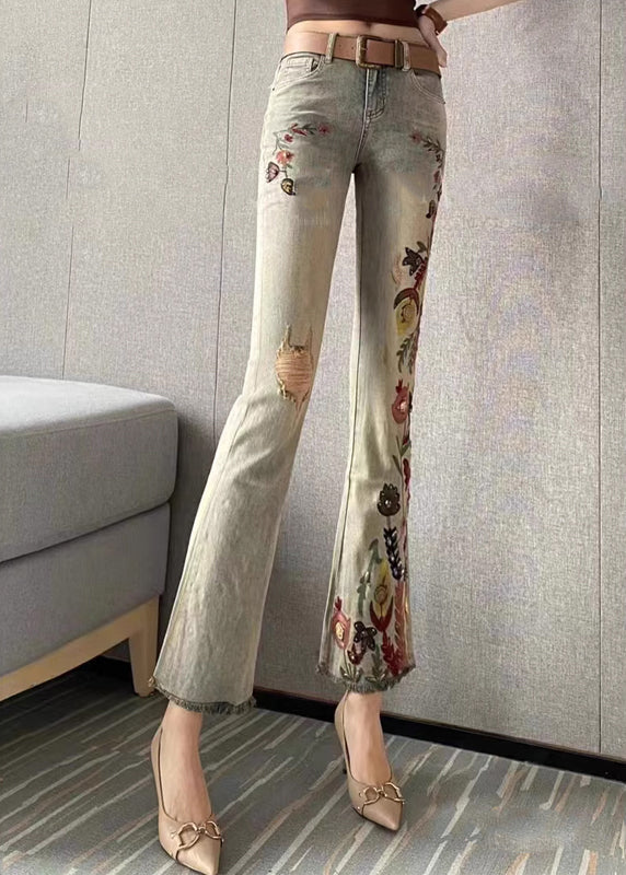 Embroidered Pockets Denim Flare Bottoms Spring