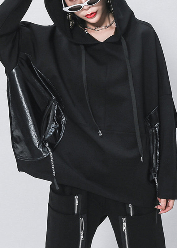 Black Pockets Patchwork Drawstring Pullover Batwing Sleeve