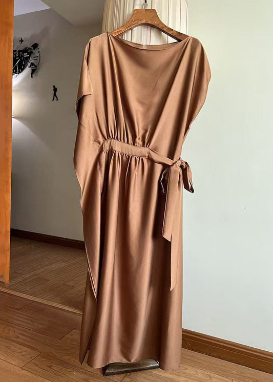New Chocolate Lace Up Silk Long Dresses Summer