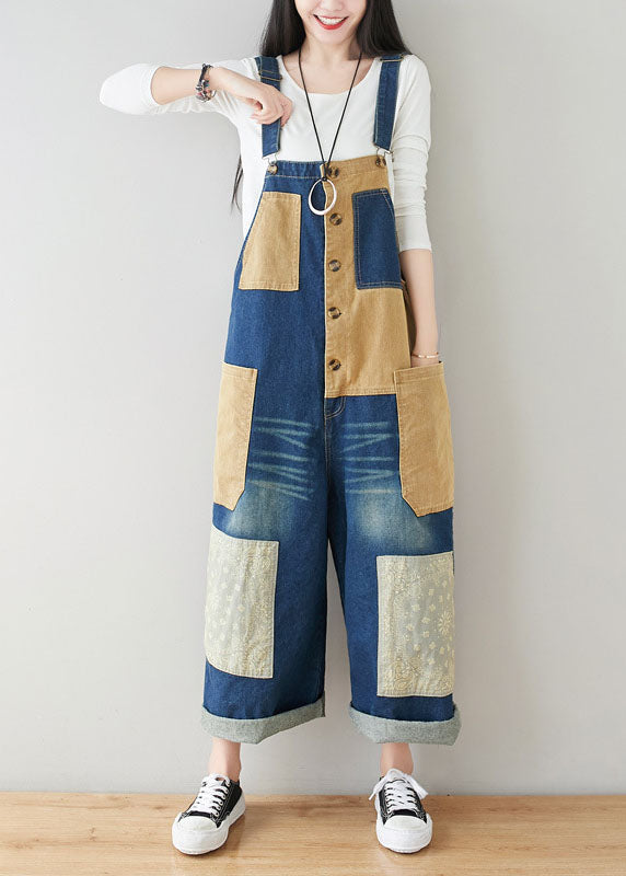 Style Dark Blue Pockets Patchwork Cotton Denim Jumpsuits Spring