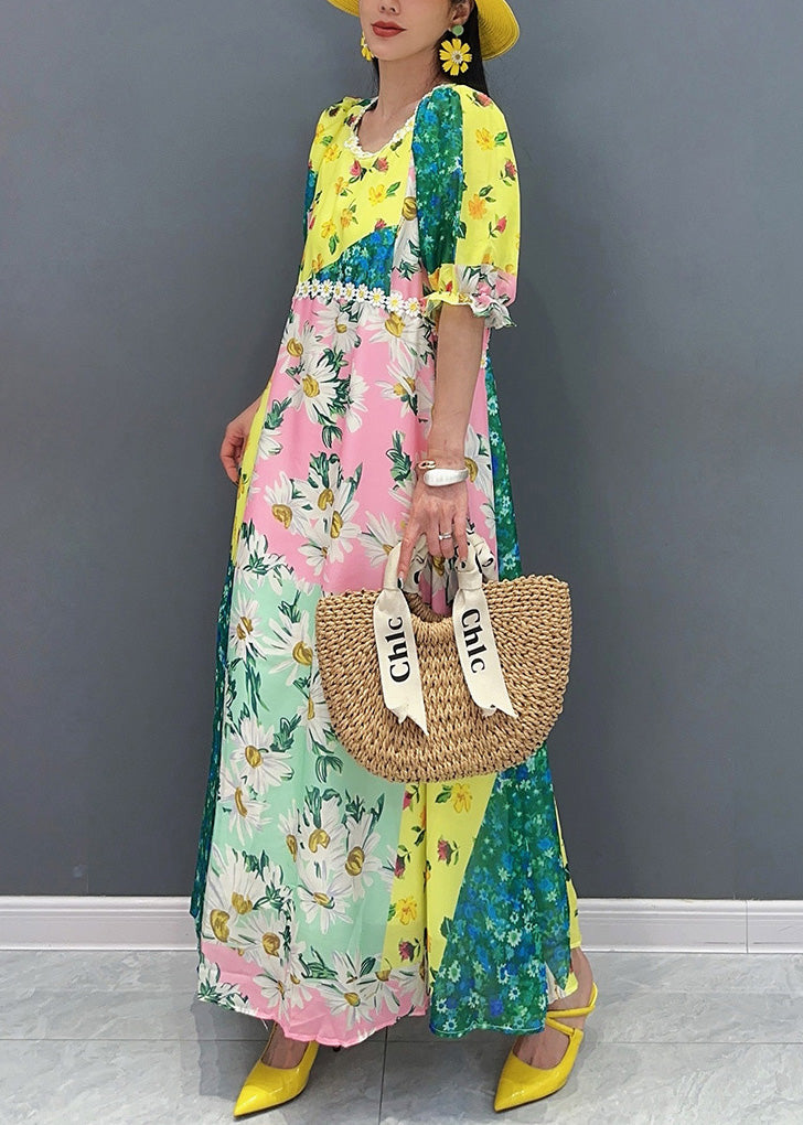 Yellow O-neck Print Patchwork Cotton Long Dress Summer