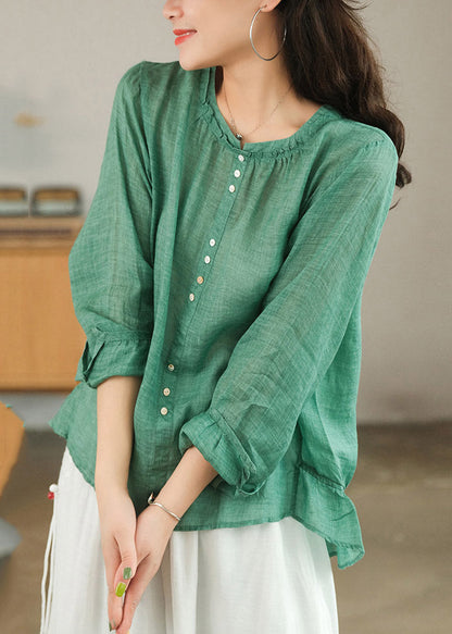 Green Patchwork Ruffles Linen Blouses Long Sleeve