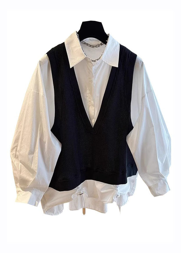 Khaki Peter Pan Collar Patchwork Button Fake Two Pieces Shirts Fall