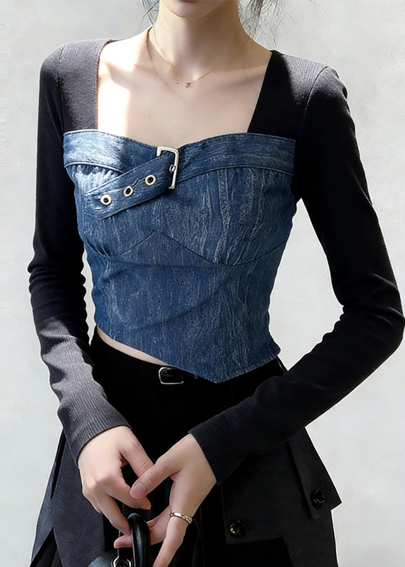 Black Square Collar Patchwork Denim Shirt Tops Spring