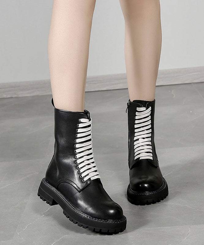 Black Chunky Cowhide Leather Cross Strap Boots