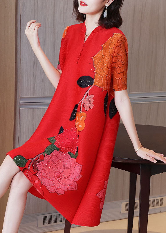 Red Stand Collar Button Print Wrinkled Silk a Line Dress Short Sleeve