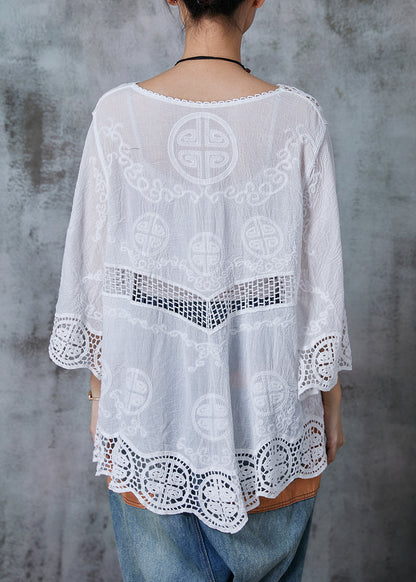 White Oversized Patchwork Lace Cotton Blouses Flare Sleeve