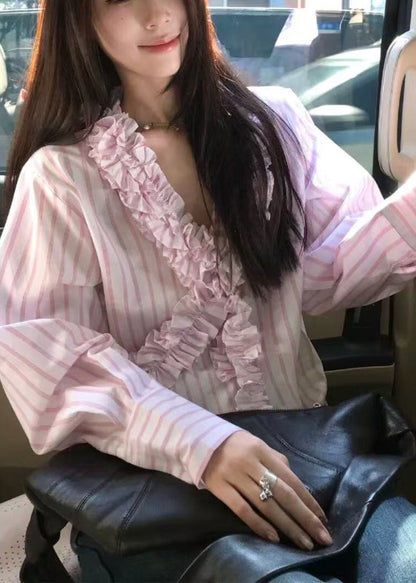 Pink V Neck Ruffled Striped Shirts Spring