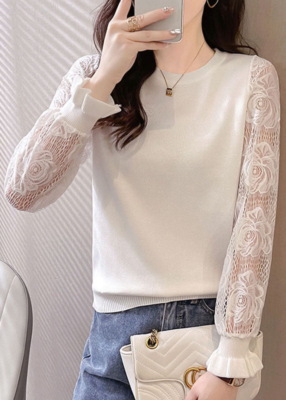 White O-neck Hollow Out Tops Long Sleeve