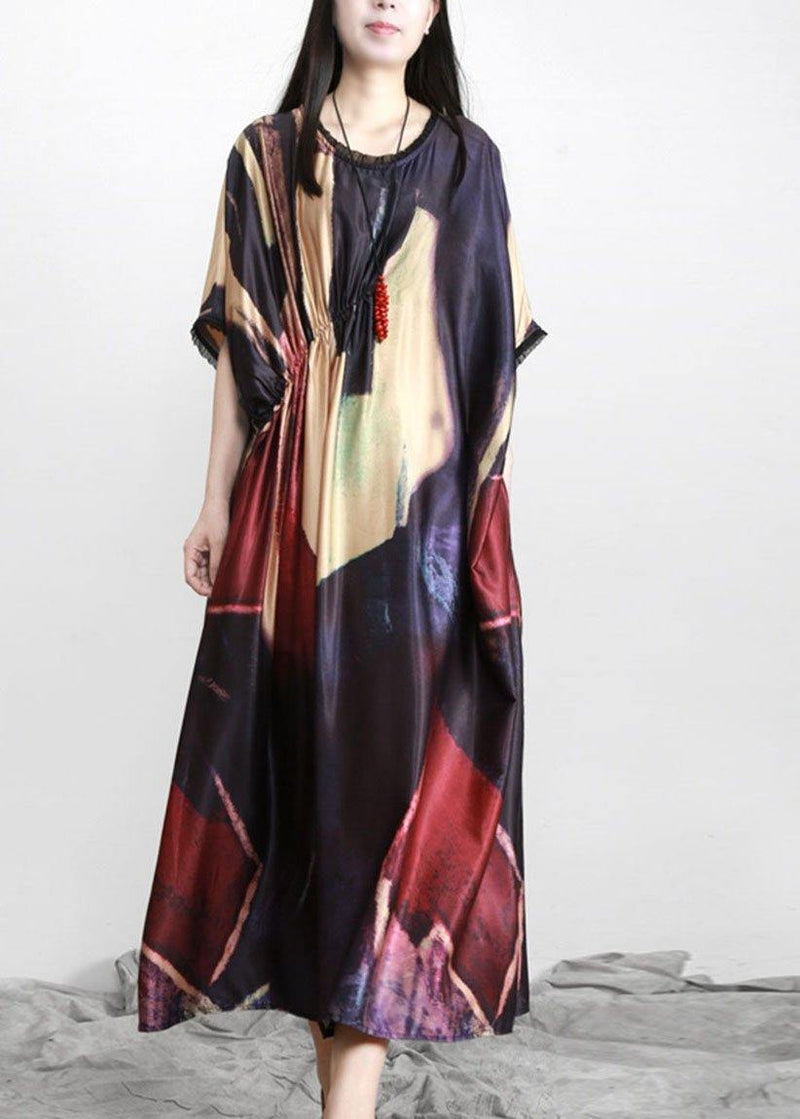 Black Print Silk Party Dress Batwing Sleeve