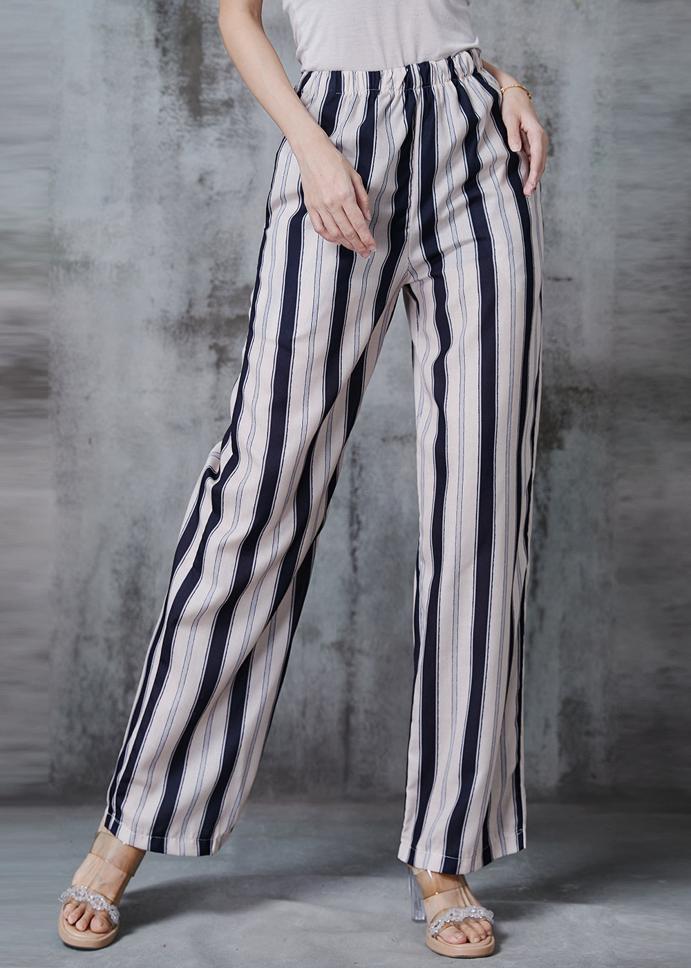 Apricot Striped Cotton Straight Pants Fall