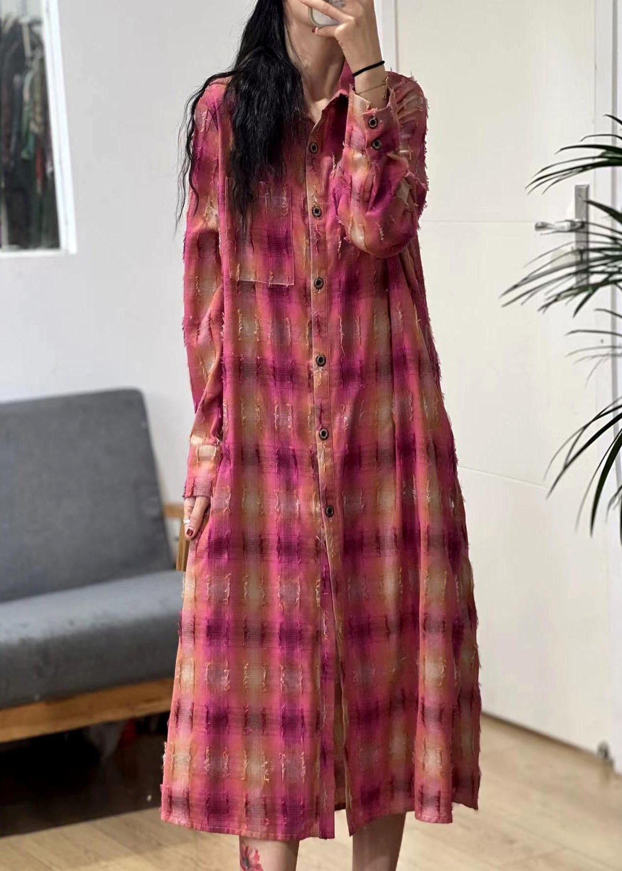 Pink Plaid Peter Pan Collar Button Cotton Long Blouse Spring