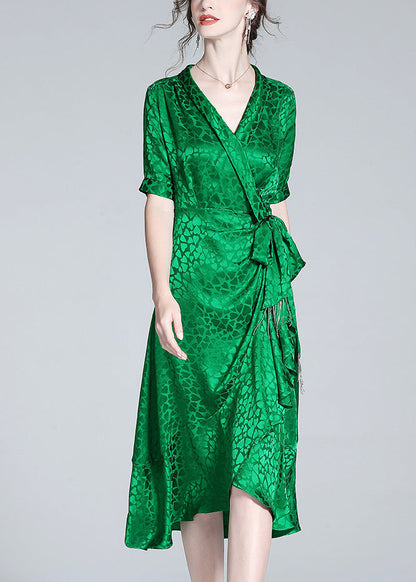 Green V Neck Print Bow Tunic Maxi Dress Short Sleeve