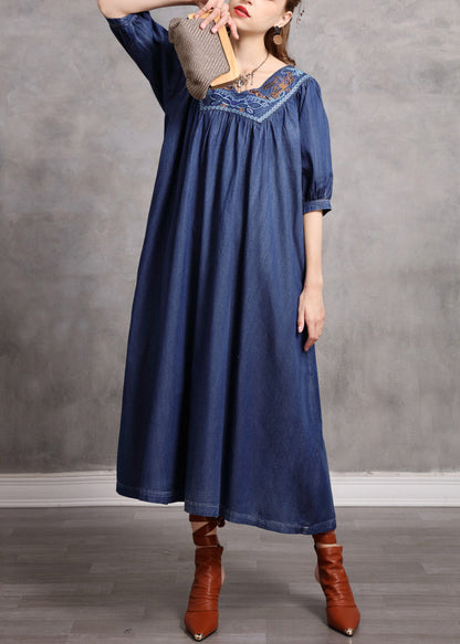 Blue V Neck Embroideried Exra Large Hem Cotton Vacation Dresses Half Sleeve