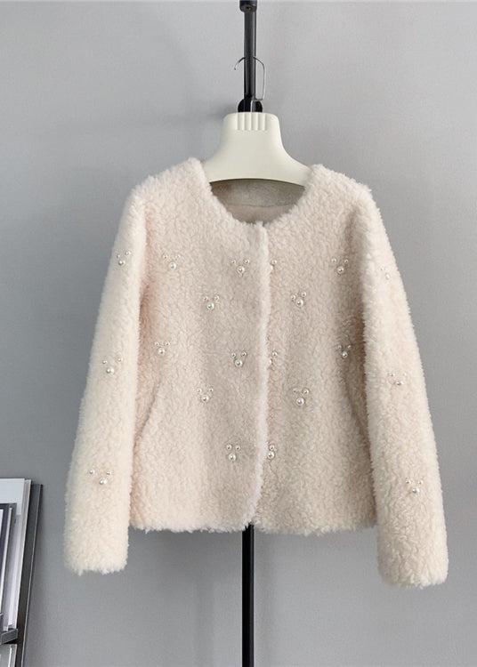 Coffee O Neck Nail Bead Wool Short Coat Winter