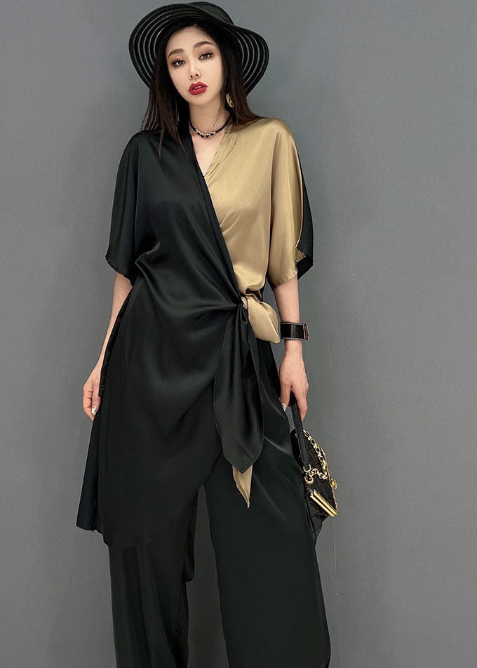 Black Khaki V Neck Asymmetrical Design Patchwork Chiffon Two Piece Suit Set Summer