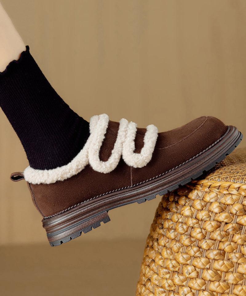 Brown Fuzzy Wool Lined Splicing Suede Platform Flats