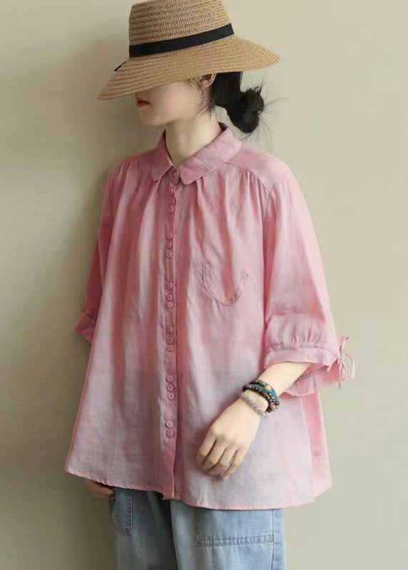 Pink Peter Pan Collar Patchwork Cotton Shirt Top Summer