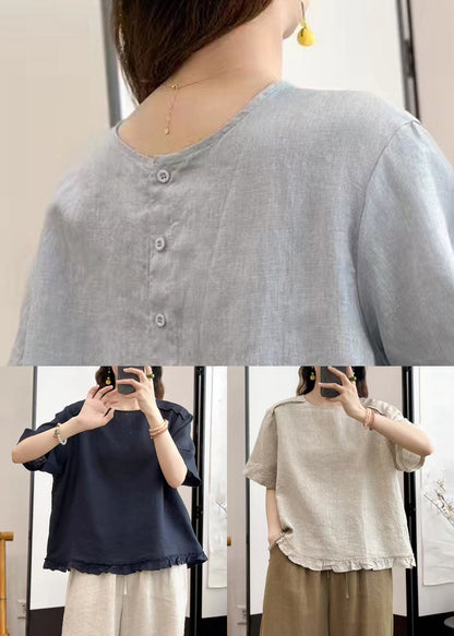 Sky Blue Wear on Both Sides Linen Summer Blouse Ruffled