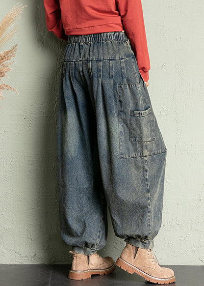 Blue Pockets Elastic Waist Denim Crop Pants Spring