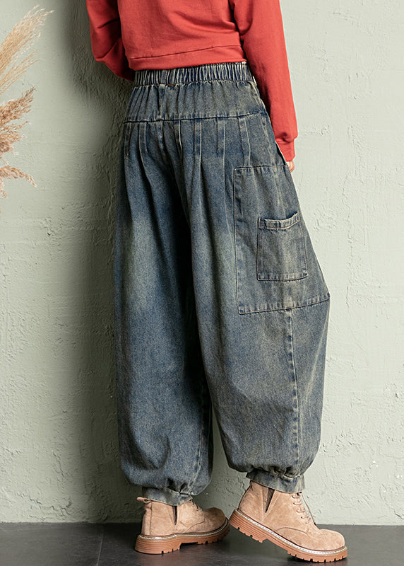 Blue Pockets Elastic Waist Denim Crop Pants Spring