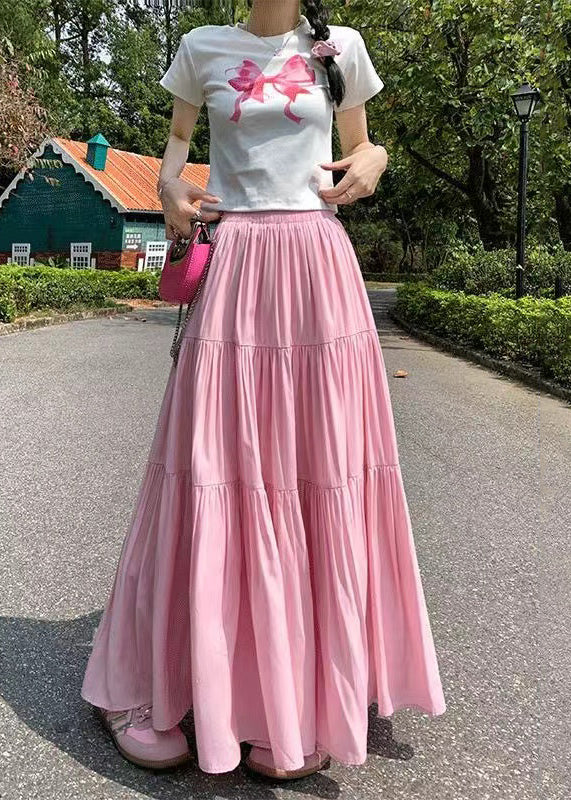 Style Pink Wrinkled Patchwork Exra Large Hem Cotton Skirt Summer