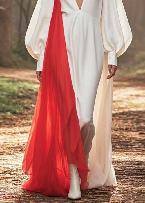 White V Neck Patchwork Silk Dress Lantern Sleeve