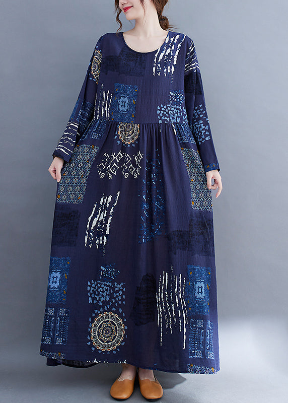 Blue O-neck Wrinkled Print Vacation Dresses Long Sleeve